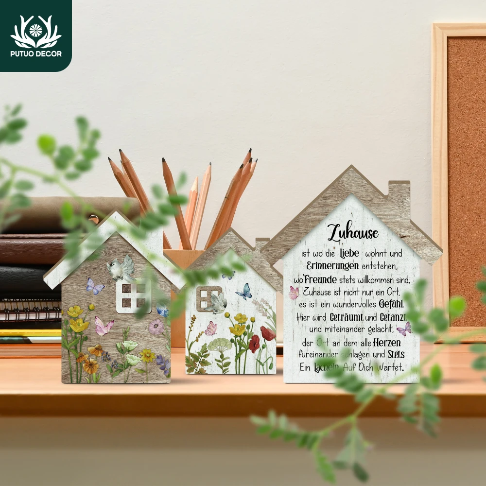 Putuo Decor 3-teilige deutscher Haus-förmiger Holztisch-Dekoration, Zuhause ist wo die Liebe wohnt und ERINNERUNGEN, Geschenk für die Familie