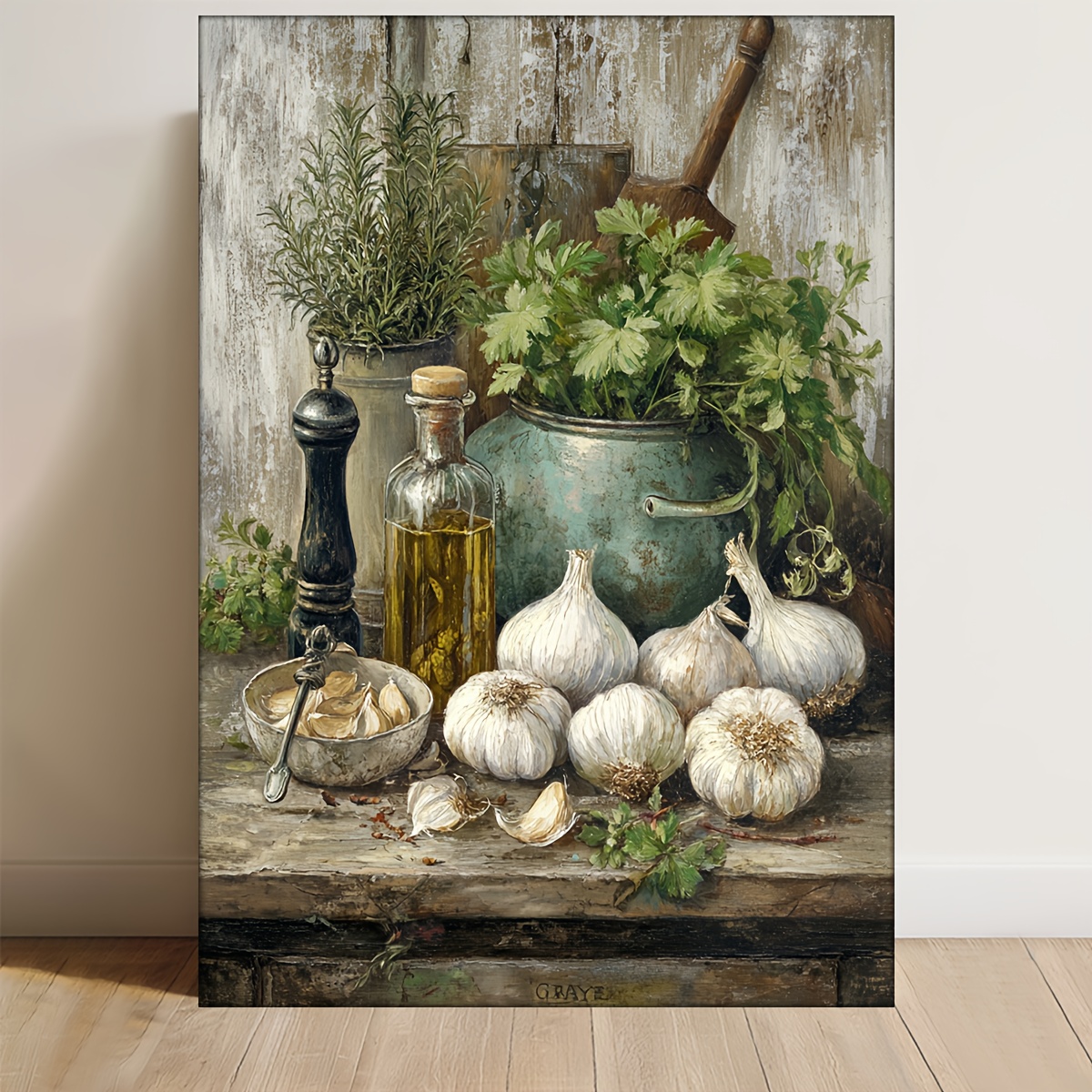 TEMU 1 Stück, mit Rahmen, 12x16 Zoll [2D Flach] Rustikale Küchenkunst Kräuter und Knoblauch Leinwandbild, Landhaus-Küchendekor, Botanische Kulinarik Kunstwerk, Esszimmer oder über dem Bett, 2D Flach