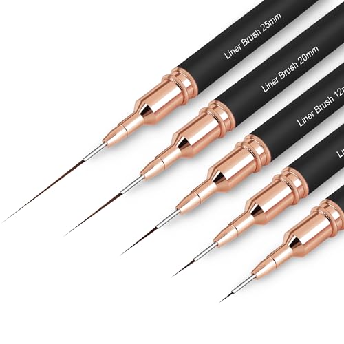 Lot de 5 pinceaux pour nail art, pinceaux de peinture, outil de dessin pour les lignes longues, détails fins, tailles de dessin fin 4/8/12/20/25 mm, noir